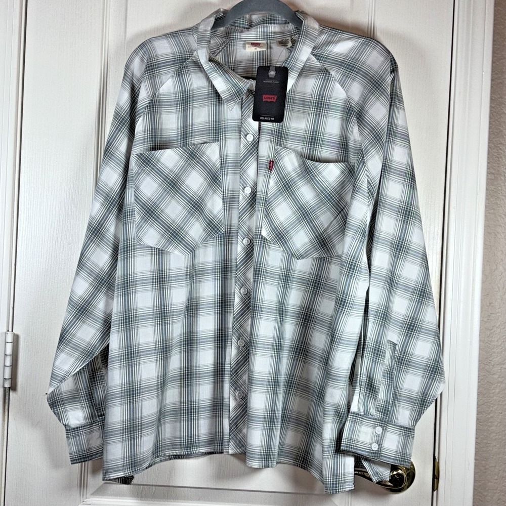 Levi's Women's Button Down Shirt 2XL Olive Sage Plaid Long Sleeve Relaxed Fit NW